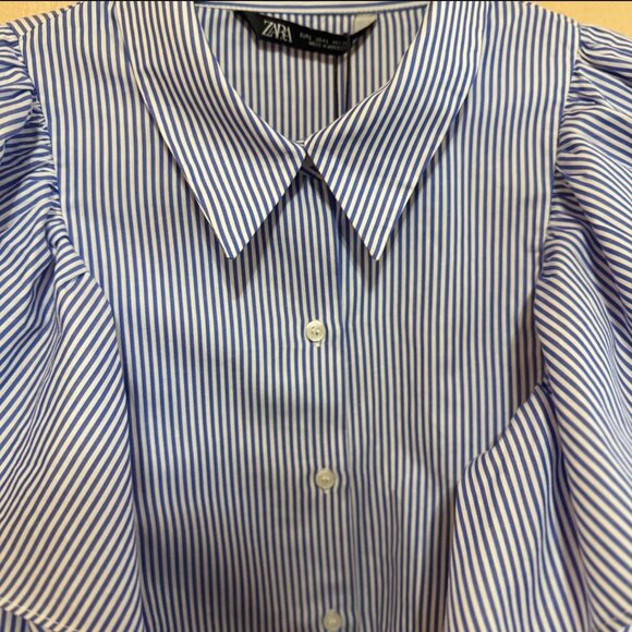 New With Tags Zara Ruffle button down long sleeve in blue with white stripes - Picture 7 of 16